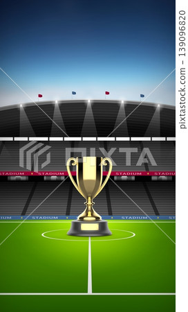 Modern soccer stadium with trophy illustration with bright lighting. 139096820