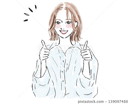 一位女士面帶微笑,雙手豎起大拇指。 一位女士面帶微笑,雙手豎起大拇指。 139097488