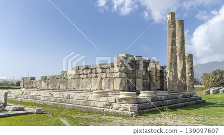 Ruins of the Letoon Temple with standing Ionic columns and massive stone walls, a UNESCO-listed Lycian sanctuary, historic Lycian ruins near city of Xanthos, Mugla, Turkey 139097607