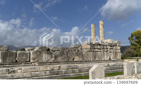 Ruins of the Letoon Temple with standing Ionic columns and massive stone walls, a UNESCO-listed Lycian sanctuary, historic Lycian ruins near city of Xanthos, Mugla, Turkey 139097609