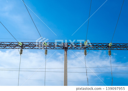 electrical wires on a support with insulators electrical wires on a support with insulators 139097955