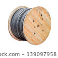 wooden coil with wound armored power cable isolated on white background with clipping path 139097958