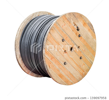 wooden coil with wound armored power cable isolated on white background with clipping path 139097958