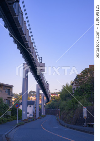 The scenery of Nishi-Kamakura Station and the Shonan Monorail bathed in the early morning light. The scenery of Nishi-Kamakura Station and the Shonan Monorail bathed in the early morning light. 139098125