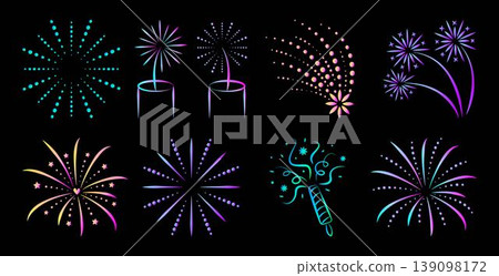 Neon fireworks icon set. Holographic glow sparklers and firecrackers gradient shiny line pictograms. Salute and sparkle ultra acid luminescent signs. Vector collection for dark themes 139098172