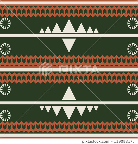 Seamless geometric tribal pattern with deep green background, terracotta zigzag stripes, and cream triangles. 139098173