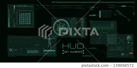 Set of futuristic user interface elements for HUD design. Digital sci-fi screen with green glowing graphs, data, and charts on dark background. High-tech concept for technology or gaming Set of futuristic user interface elements for HUD design. Digital sci-fi screen with green glowing graphs, data, and charts on dark background. High-tech concept for technology or gaming 139098572