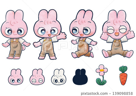 Set of stylized full-body raster illustrations of rabbits 139098858
