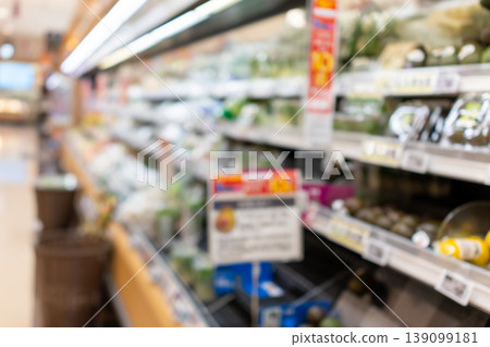 A brightly lit supermarket interior with a blurred background. A brightly lit supermarket interior with a blurred background. 139099181