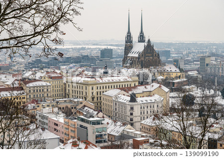 Petrov, Cathedral of St. Peter and Paul. City of Brno - Czech Republic - Europe. Night photo of beautiful old architecture. 139099190