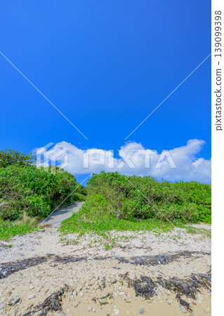 A refreshing seaside scene of Ishigaki Island with a clear blue sky and white clouds. A refreshing seaside scene of Ishigaki Island with a clear blue sky and white clouds. 139099398