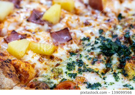 A mouthwatering close-up of a freshly baked pizza loaded with toppings. A mouthwatering close-up of a freshly baked pizza loaded with toppings. 139099566
