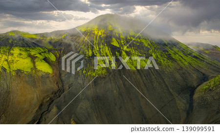 Aerial View of a Powerful Waterfall Amid Iceland's Volcanic Landscape Aerial View of a Powerful Waterfall Amid Iceland's Volcanic Landscape 139099591