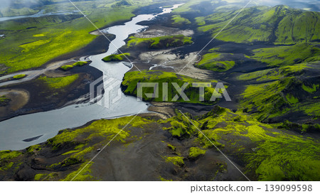 Aerial View of Iceland's Volcanic Landscape with Winding River Aerial View of Iceland's Volcanic Landscape with Winding River 139099598
