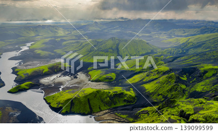 Aerial View of Iceland's Moss Covered Hills and Volcanic Terrain Aerial View of Iceland's Moss Covered Hills and Volcanic Terrain 139099599