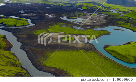 Aerial View of Iceland's Moss Covered Terrain and Winding River Aerial View of Iceland's Moss Covered Terrain and Winding River 139099600