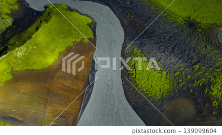 Aerial View of Winding River in Moss Covered Icelandic Landscape Aerial View of Winding River in Moss Covered Icelandic Landscape 139099604