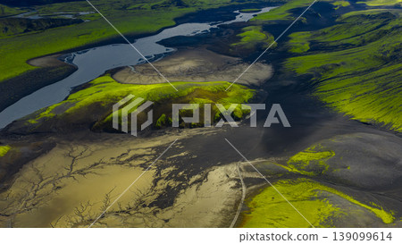 Aerial View of Iceland's Volcanic Landscape with Winding River 139099614
