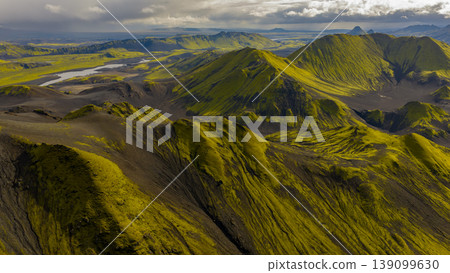 Aerial View of Iceland's Moss Covered Highlands and Winding River Aerial View of Iceland's Moss Covered Highlands and Winding River 139099630
