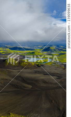 Aerial View of Volcanic Terrain and Moss Covered Hills in Iceland 139099638