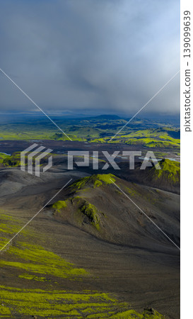 Aerial View of Iceland's Volcanic Landscape with Rivers and Moss Aerial View of Iceland's Volcanic Landscape with Rivers and Moss 139099639