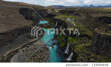 Aerial View of Icelandic Canyon with Turquoise River and Waterfalls 139099646