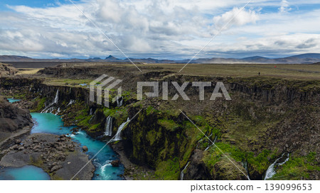 Aerial View of Icelandic Canyon with Waterfalls and Turquoise River 139099653