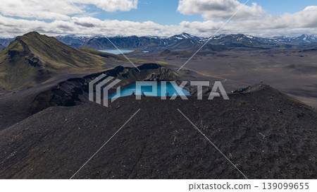 Aerial View of Volcanic Crater Lake and Rugged Terrain in Iceland Aerial View of Volcanic Crater Lake and Rugged Terrain in Iceland 139099655