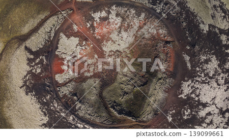 Aerial View of a Volcanic Crater with Distinct Color Contrasts in Iceland Aerial View of a Volcanic Crater with Distinct Color Contrasts in Iceland 139099661