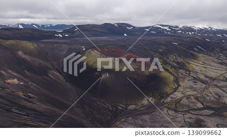 Aerial View of Volcanic Crater and Rugged Landscape in Iceland 139099662
