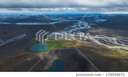 Aerial View of Braided Rivers and Volcanic Landscape in Iceland 139099672