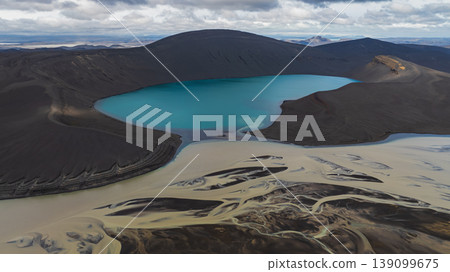 Aerial View of Turquoise Crater Lake and Volcanic Terrain in Iceland Aerial View of Turquoise Crater Lake and Volcanic Terrain in Iceland 139099675
