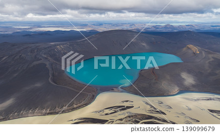 Aerial View of Turquoise Crater Lake in Volcanic Terrain, Iceland Aerial View of Turquoise Crater Lake in Volcanic Terrain, Iceland 139099679