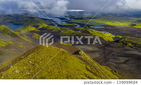Aerial View of Iceland's Volcanic Landscape with River and Lake 139099684