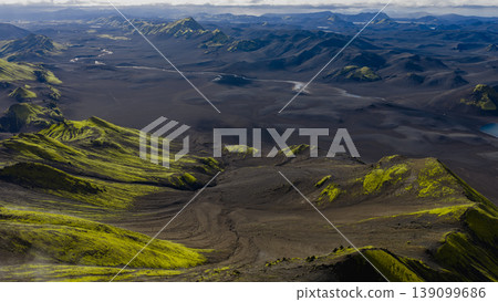 Aerial View of Iceland's Volcanic Highlands with River and Moss 139099686