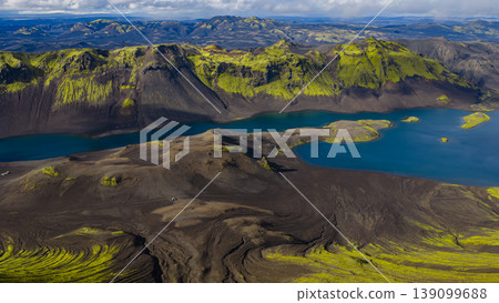 Aerial View of Iceland's Volcanic Landscape with Blue Lake 139099688