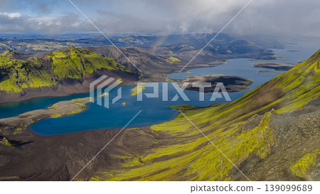 Aerial View of Volcanic Landscape with Blue Lake in Iceland Aerial View of Volcanic Landscape with Blue Lake in Iceland 139099689