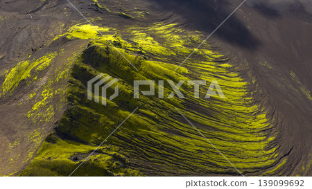 Aerial View of Volcanic Landscape with Green Moss in Iceland Aerial View of Volcanic Landscape with Green Moss in Iceland 139099692