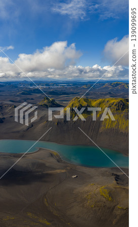 Aerial View of Volcanic Landscape with Turquoise Lake in Iceland Aerial View of Volcanic Landscape with Turquoise Lake in Iceland 139099695