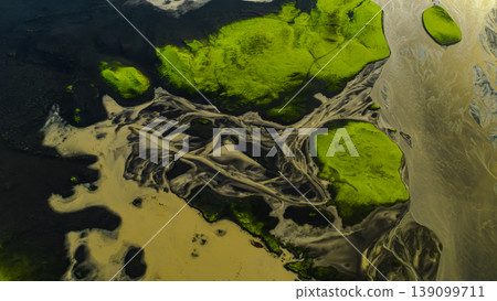 Aerial View of Braided Rivers and Moss Covered Terrain in Iceland Aerial View of Braided Rivers and Moss Covered Terrain in Iceland 139099711