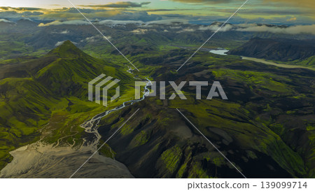 Aerial View of Iceland's Volcanic Landscape with River and Peaks Aerial View of Iceland's Volcanic Landscape with River and Peaks 139099714