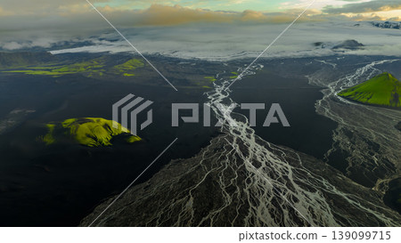 Aerial View of Iceland's Volcanic Plains, Rivers, and Glacier Aerial View of Iceland's Volcanic Plains, Rivers, and Glacier 139099715