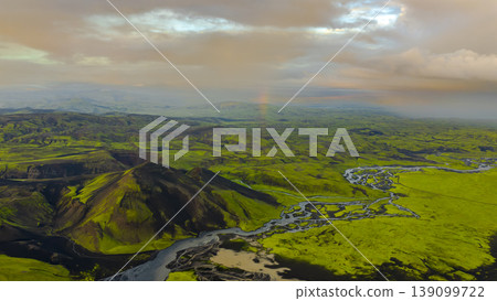 Aerial View of Iceland's Volcanic Landscape with River and Rainbow 139099722