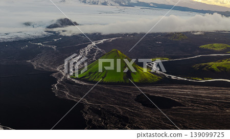 Aerial View of Green Volcanic Cone and Glacier in Iceland 139099725