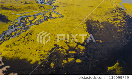 Aerial View of Moss Covered Volcanic Landscape with Rivers in Iceland Aerial View of Moss Covered Volcanic Landscape with Rivers in Iceland 139099729