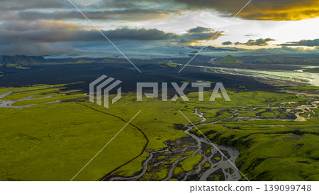 Aerial View of Iceland's Moss Covered Plains and Glacier Horizon 139099748