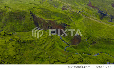 Aerial View of Lush Green Volcanic Landscape in Iceland Aerial View of Lush Green Volcanic Landscape in Iceland 139099758