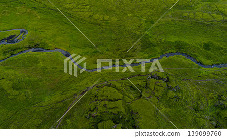 Aerial View of Winding River and Green Landscape in Iceland Aerial View of Winding River and Green Landscape in Iceland 139099760