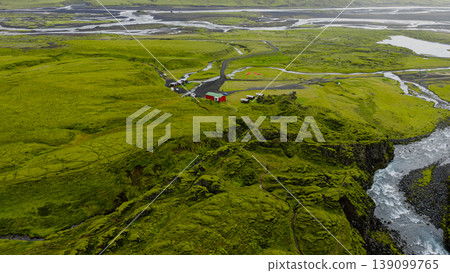 Aerial View of Icelandic Landscape with Cliffs, River, and Red Roof Aerial View of Icelandic Landscape with Cliffs, River, and Red Roof 139099765