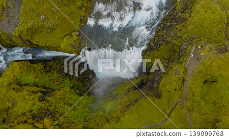 Aerial View of a Powerful Waterfall and Volcanic Terrain in Iceland Aerial View of a Powerful Waterfall and Volcanic Terrain in Iceland 139099768